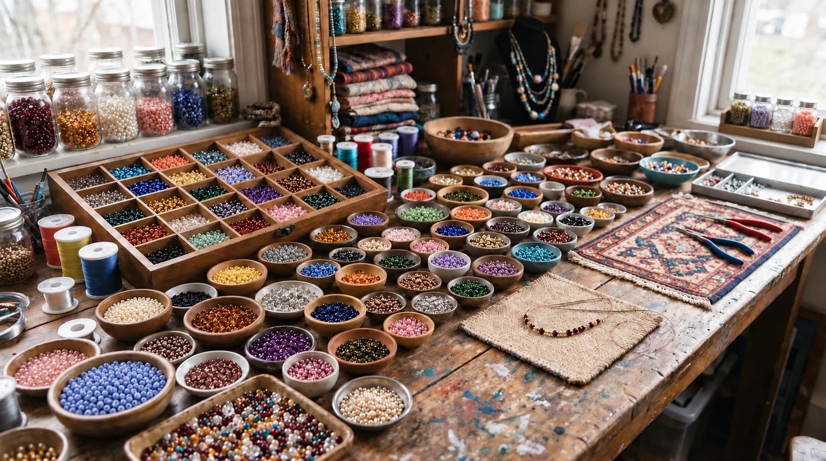 Yeni Nesil Boncuk studio table with tools and bowls full of beads
