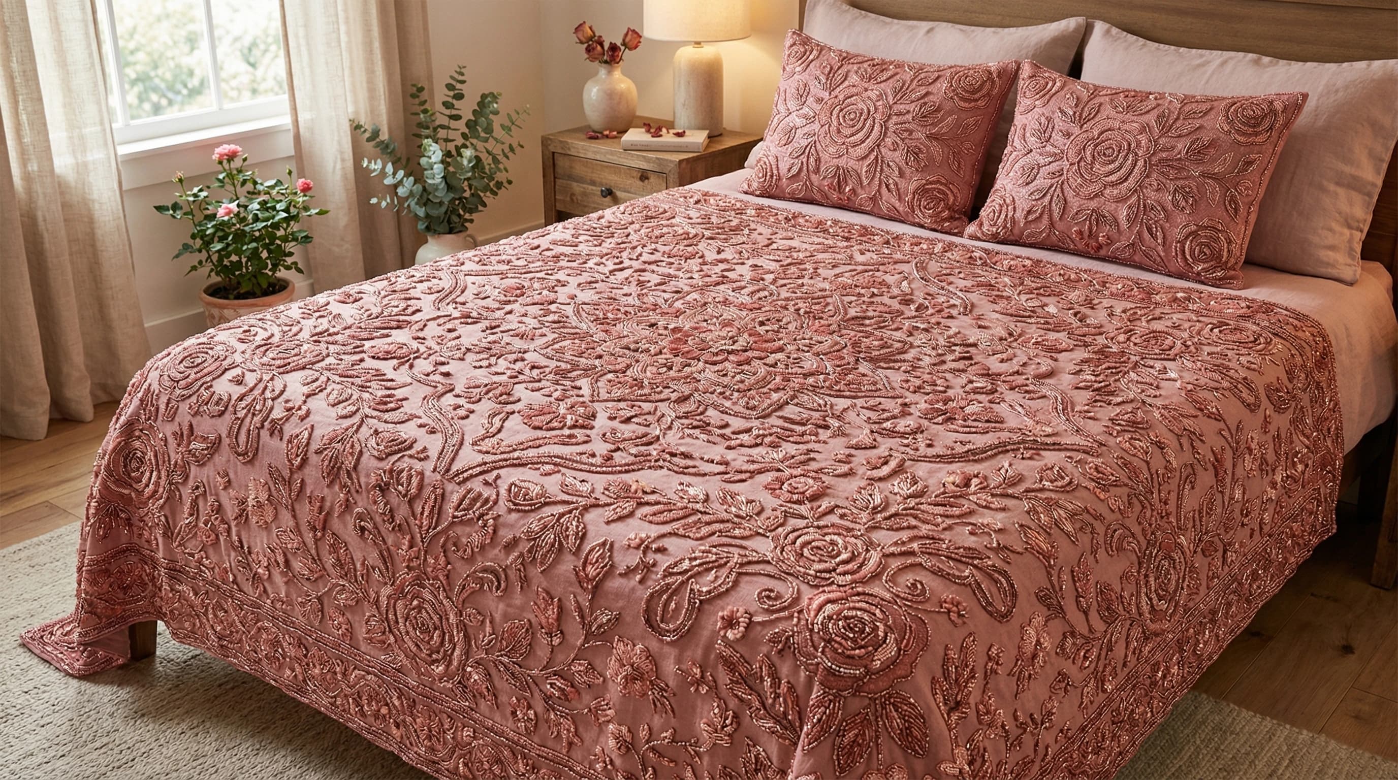 Rose-toned textile and bead mood for Berry Fashion collection