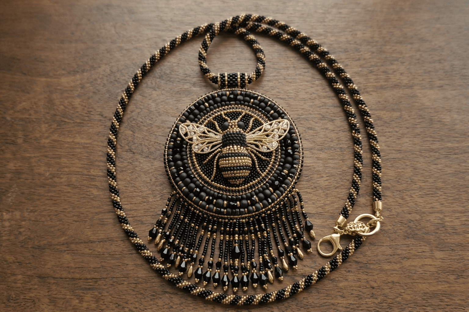 Black and gold beaded bee necklace for Golden Darkness collection
