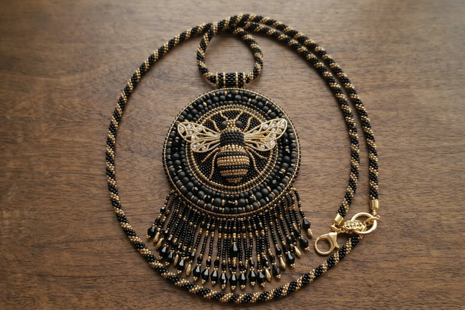 Black and gold beaded bee necklace for Golden Darkness collection